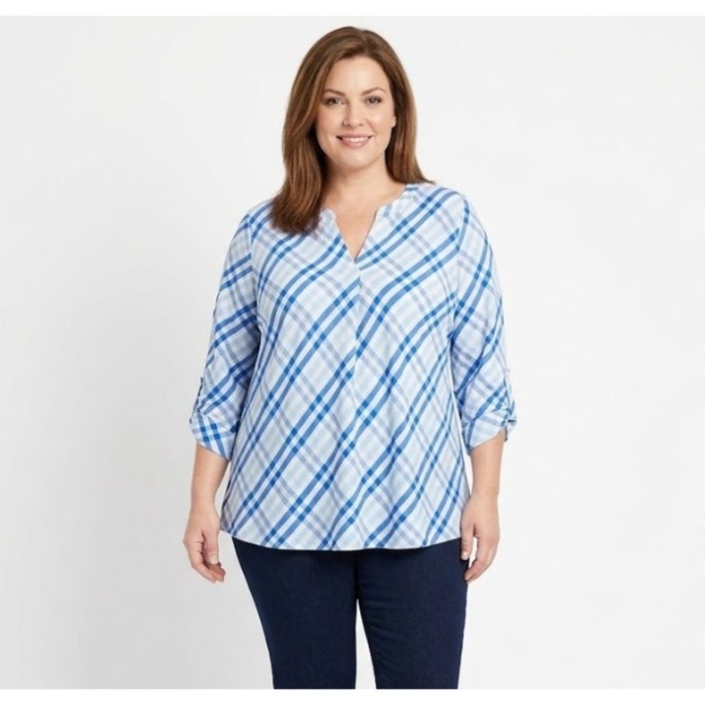 Intro. Blue White Plaid V Neck Rolled Tab Ultra Soft Rayon‎ Blouse XL Preppy